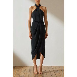 SHONA JOY CORE KNOT BLACK MIDI WRAP DRESS